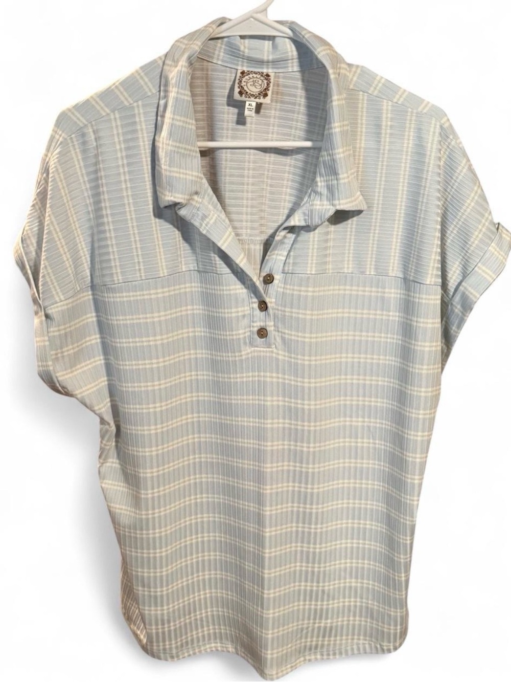 Light Blue Striped Women's Polo Top - Relaxed Short Soft Sleeve